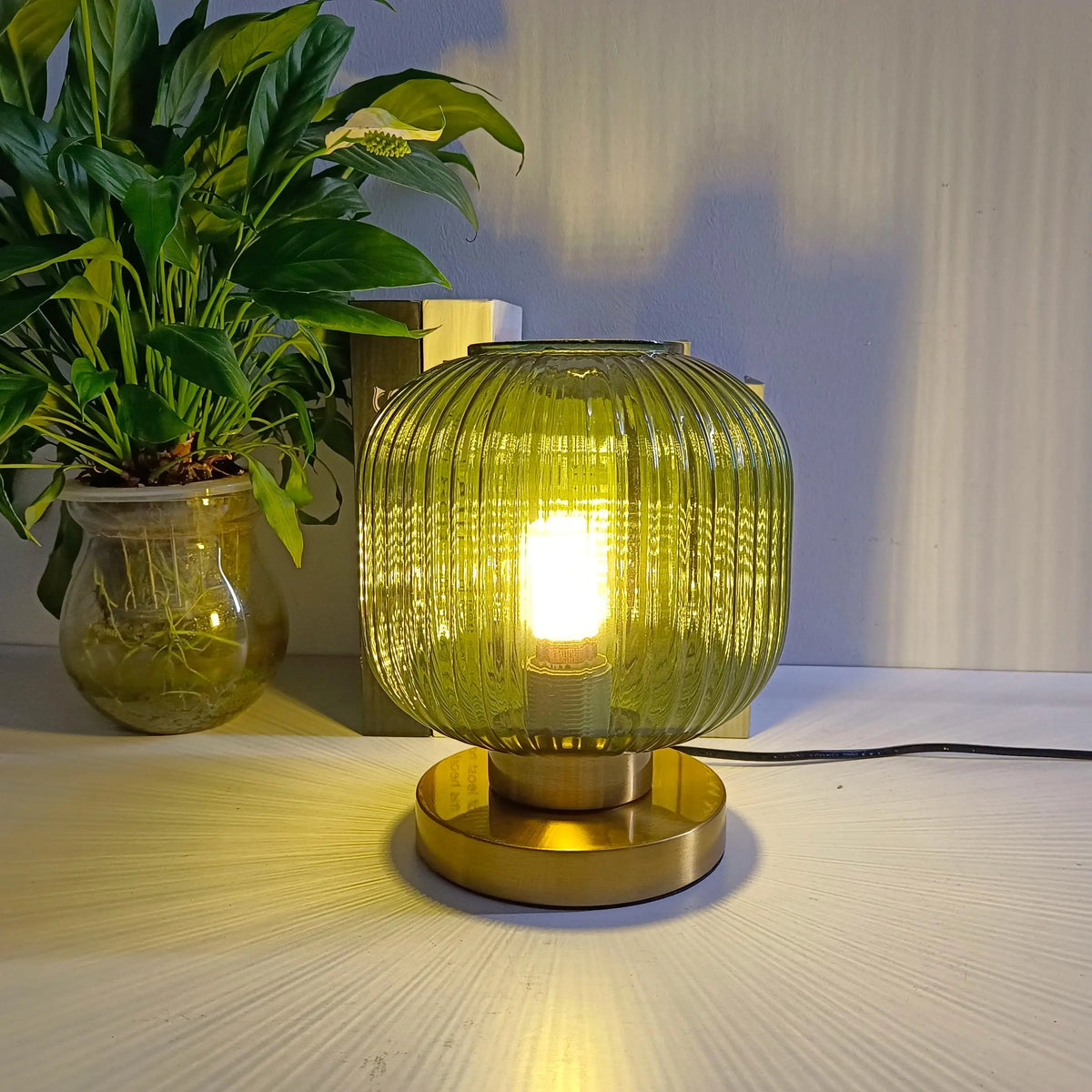 Nordic pumpkin glass table lamp for bedroom, desk, bedside and living room - white, blue, amber, smoky grey