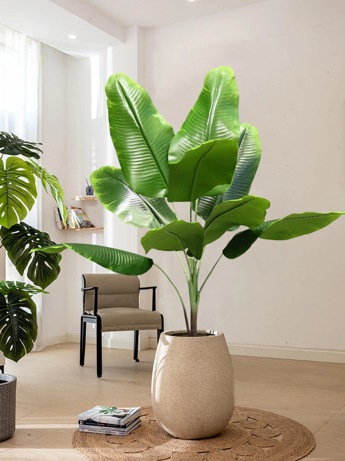 Artificial banana plants and decorative tropical foliage