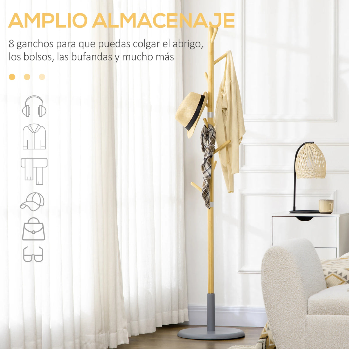 HOMCOM bamboo stand rack with 8 hooks Ø 37.8x175.6 cm Natural - vue 5 sur 7