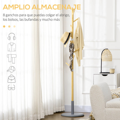 HOMCOM bamboo stand rack with 8 hooks Ø 37.8x175.6 cm Natural - vue 6 sur 7
