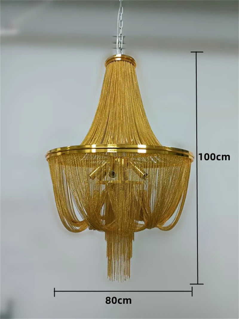 Modern gold aluminium tassel chandelier with decorative chain - vue 8 sur 12