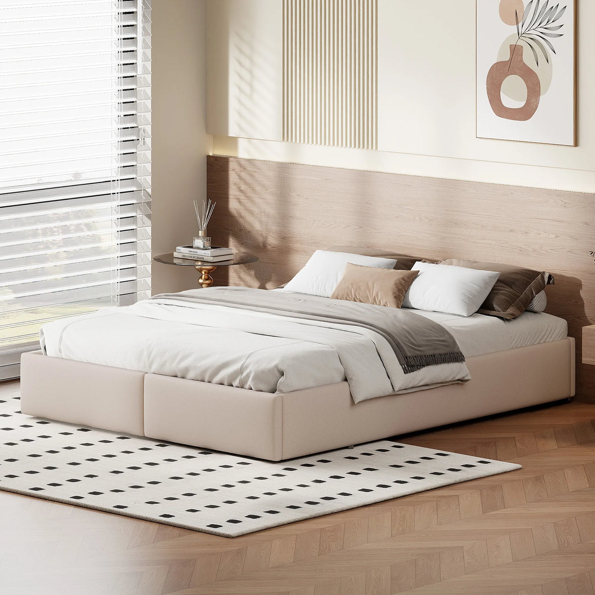 Upholstered Bed, Linen Fabric, without Headboard, Storage Bed, with Slatted Frame and 2 Storage Drawers, Beige, 140 x 200 cm - vue 2 sur 8