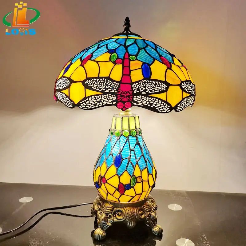 Retro American style dragonfly table lamp with decorative glass