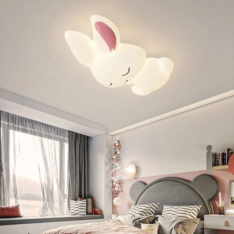 Cute LED white rabbit ceiling light for children's room, cartoon princess decor