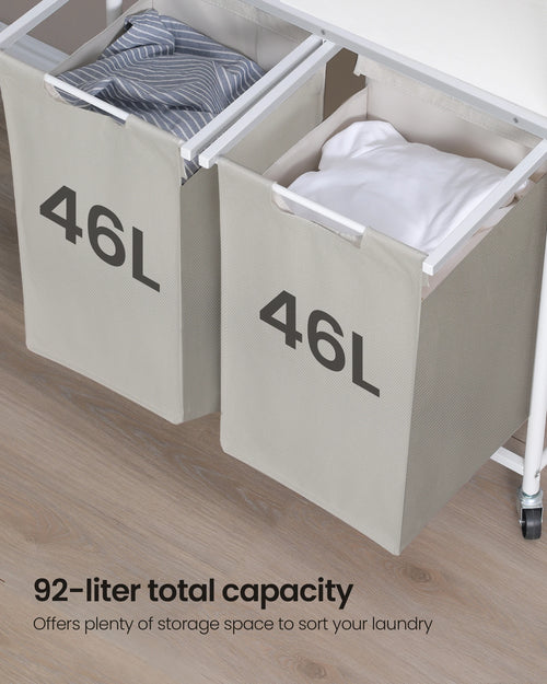 Laundry Basket, 2 Compartments, 2 x 46L, Laundry Hamper with 1 Shelf, Laundry Sorter, Laundry Bag, Extendable and Removable, Per - vue 3 sur 9