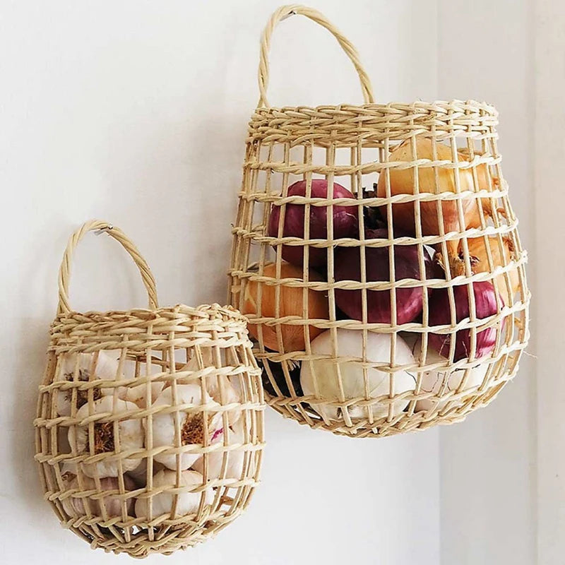 boho wicker hanging wall basket for fruits and vegetables