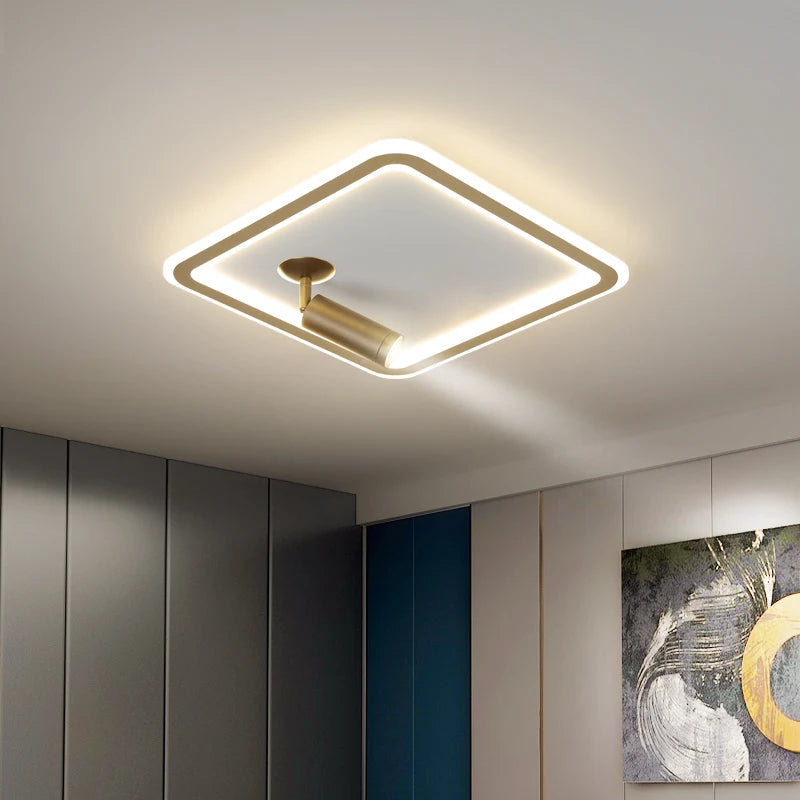 Modern round and square LED ceiling light with surface-mounted spotlight
