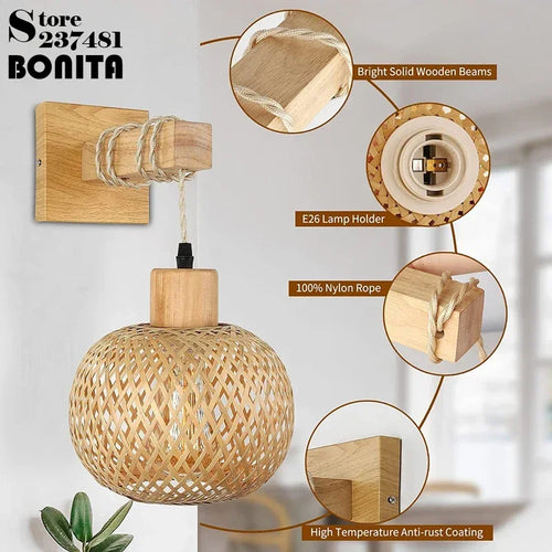 Rattan and wood wall light Japanese style indoor decor - vue 3 sur 8