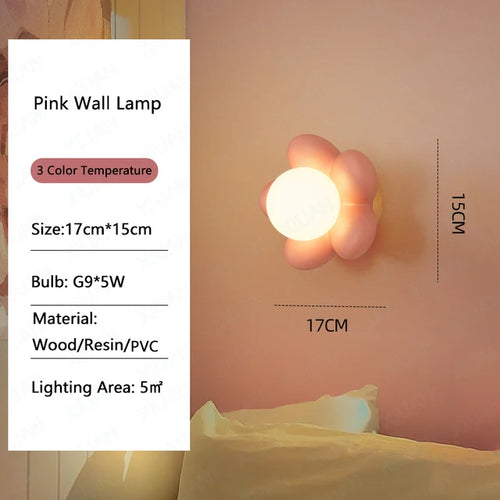 Children's flower wall light white pink resin bedside bedroom decor - vue 8 sur 10