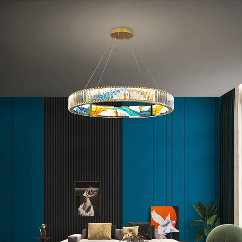 Modern dimmable LED chandelier with decorative steel ring - vue 2 sur 14