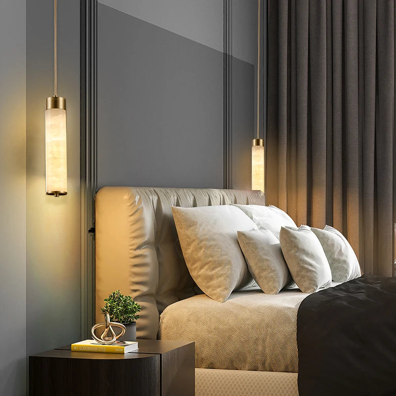 Marble and brass LED pendant light with adjustable cord