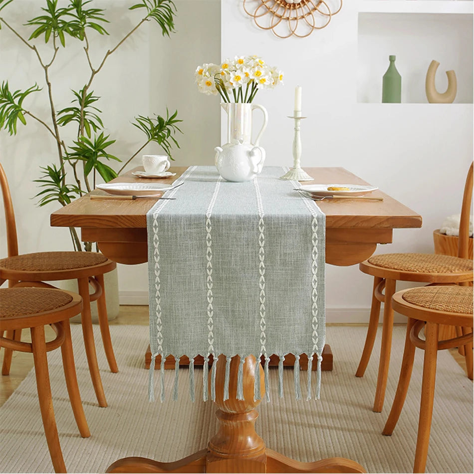 Bohemian embroidered table runner with woven tassels