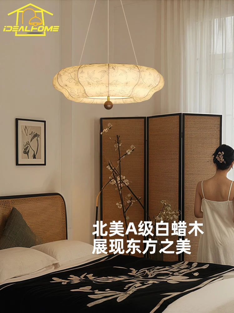Solid wood and fabric retro medieval decorative pendant light - vue 3 sur 8