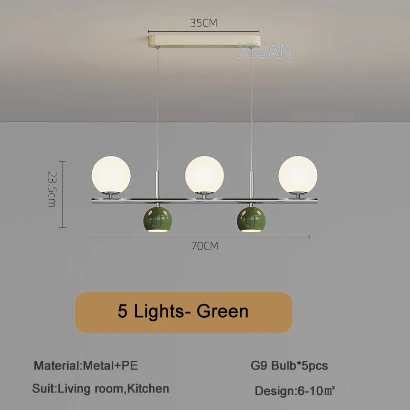 Long LED pendant chandelier with round globe shade