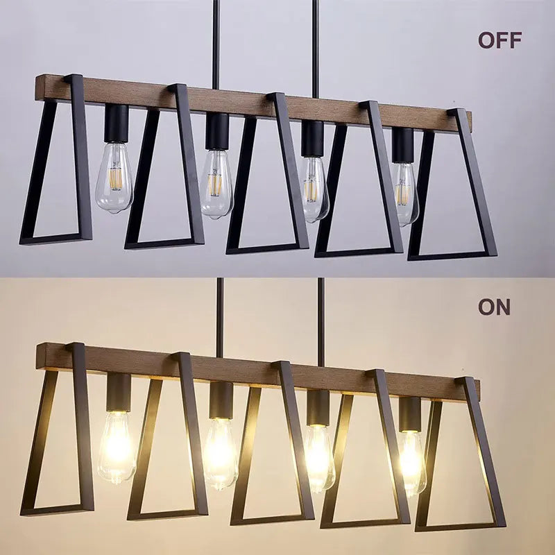 American vintage industrial 4-head iron art pendant light wood effect for restaurant, kitchen, café or bar counter - vue 7 sur 7