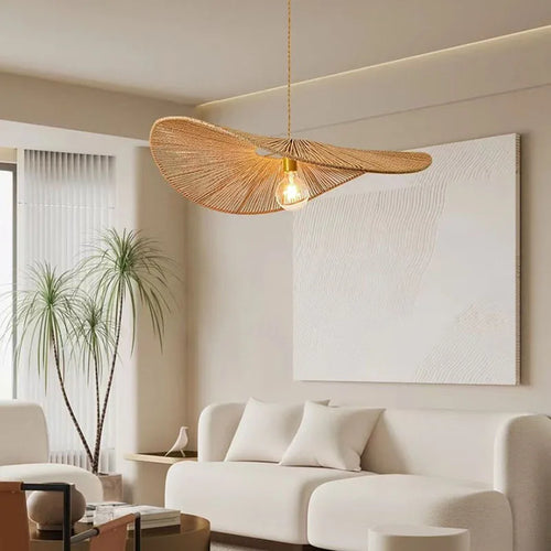 Asian style woven rattan pendant light for indoor lighting - vue 2 sur 8