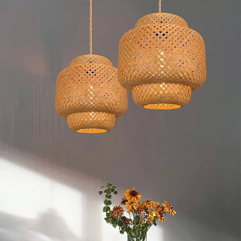 Antique hemp rope and hand-woven bamboo dimmable pendant lamp - vue 9 sur 11