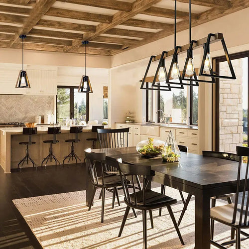 American vintage industrial 4-head iron art pendant light wood effect for restaurant, kitchen, café or bar counter - vue 5 sur 7