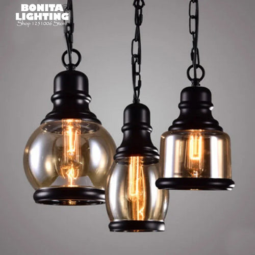 Retro industrial pendant with amber glass and hemp rope - vue 3 sur 6