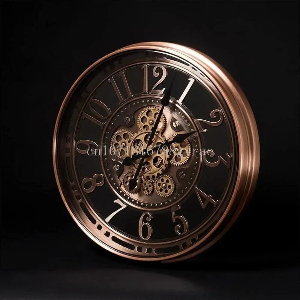 industrial metal wall clock with decorative moving gears - vue 2 sur 14