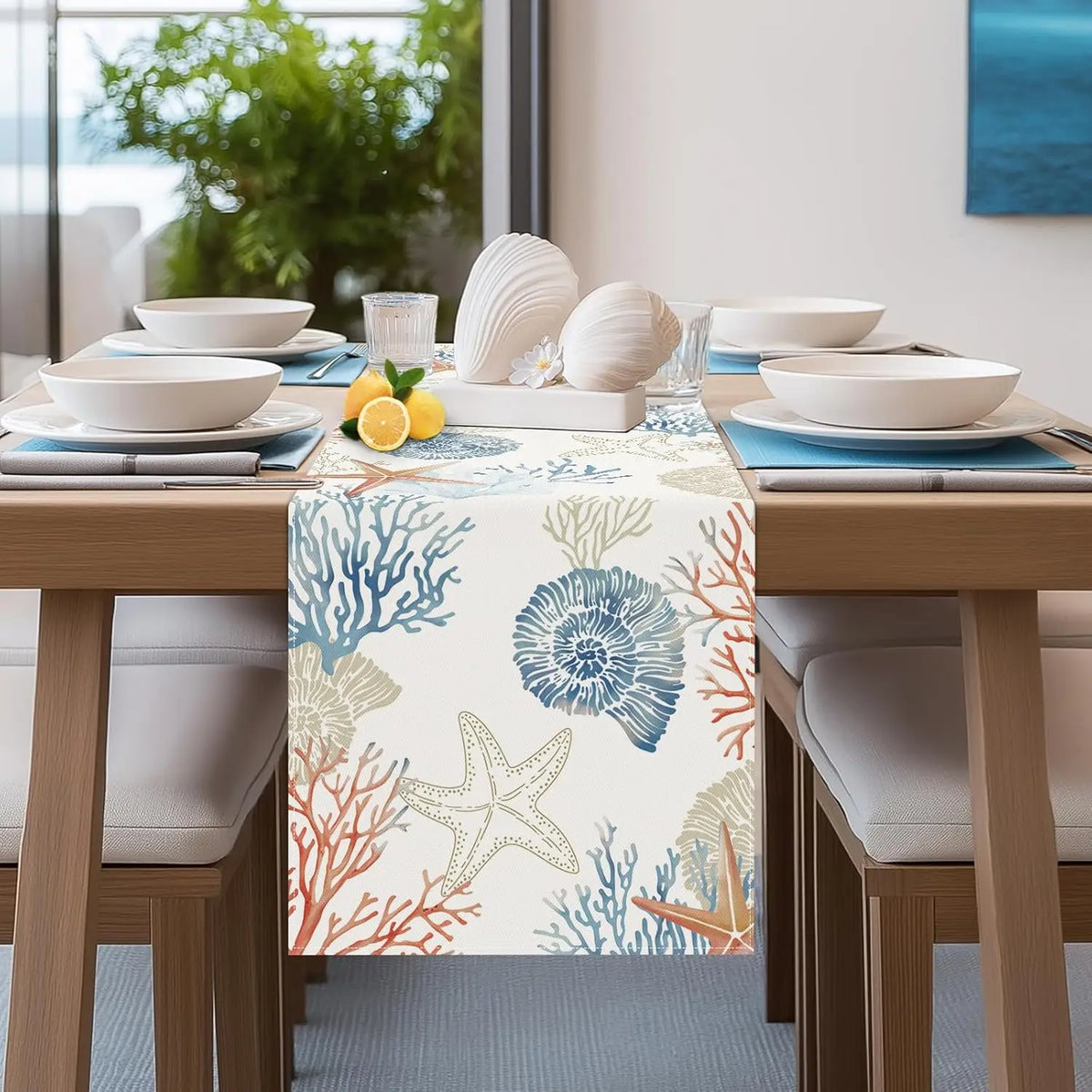 Linen table runner with ocean motif nautical style
