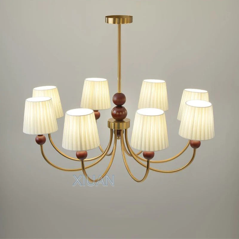American vintage LED chandelier with pleated fabric and wabi-sabi wood