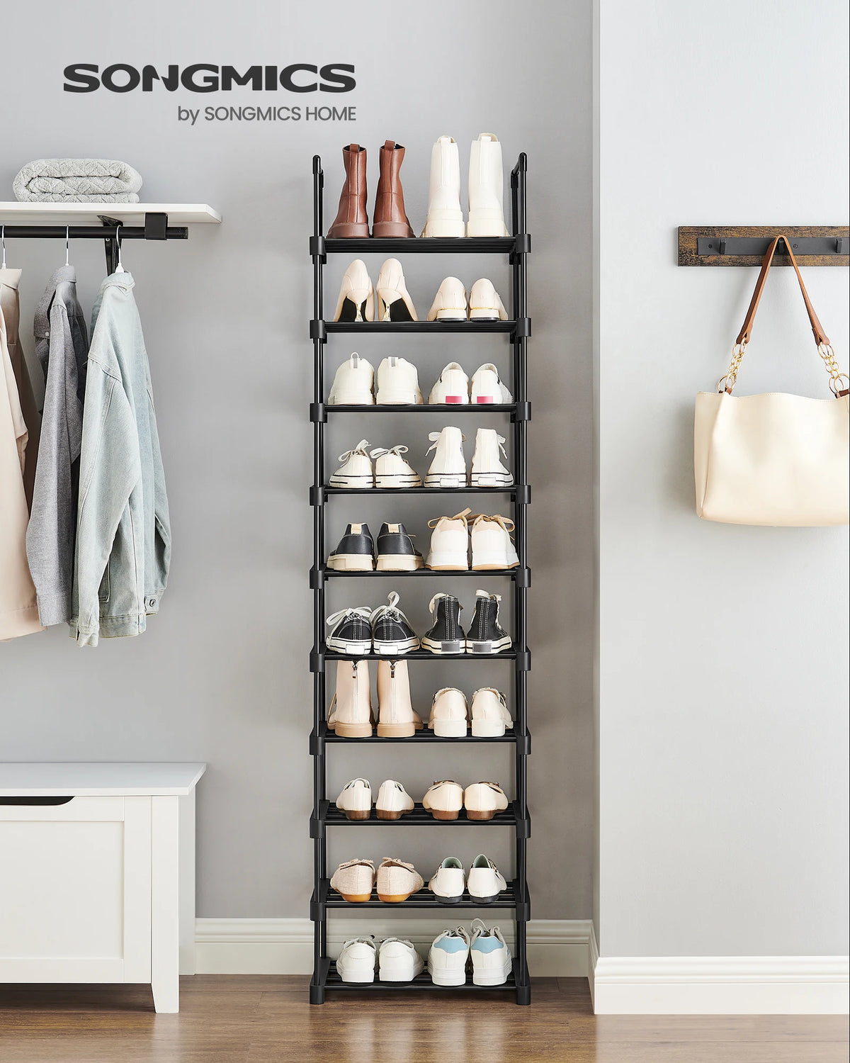 SONGMICS Shoe Rack, 10-Tier Metal Shoe Storage Organizer, Customizable Design, Metal Frame, Space-Saving Rack