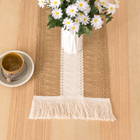 Boho beige geometric table runner with tassels