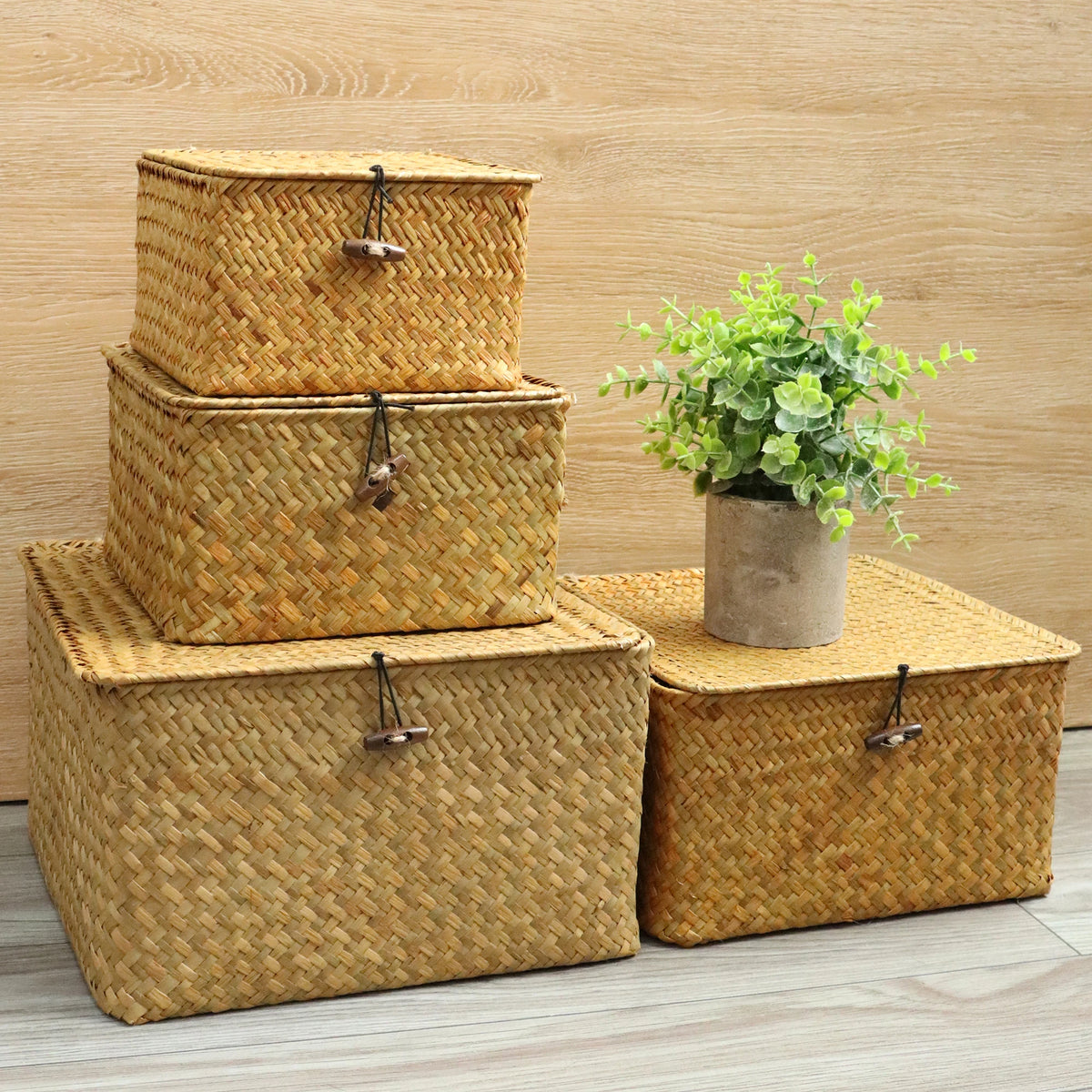 Set of 4 decorative and practical seagrass baskets with lids - vue 3 sur 6