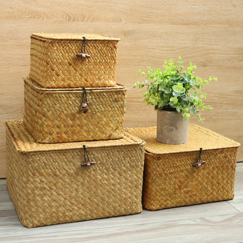 Set of 4 decorative and practical seagrass baskets with lids - vue 3 sur 6