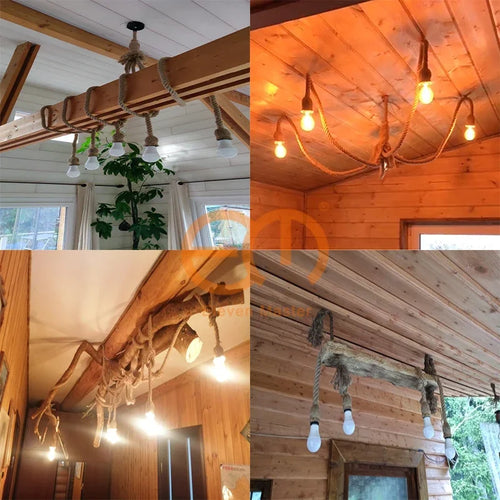 Retro industrial loft pendant light in hemp rope with edison bulb - vue 7 sur 11