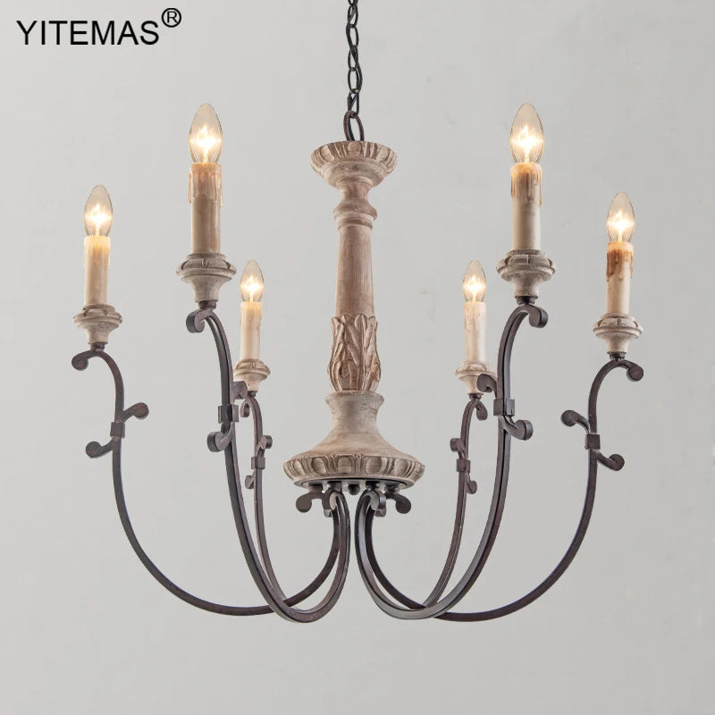 Retro wooden chandelier 4 lights for entryway, bedroom or dining room, 6 lights vintage French chandelier for living room or foyer - vue 4 sur 8