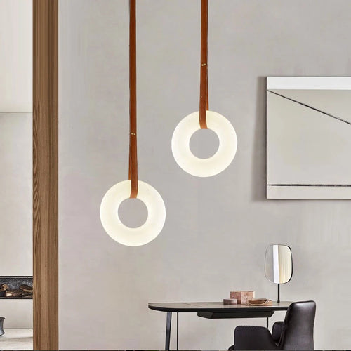 Luxury minimalist LED chandelier in copper and natural marble - vue 3 sur 12