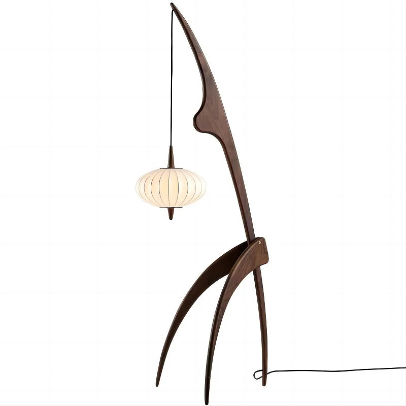 designer floor lamp in walnut wood with hanging lamp