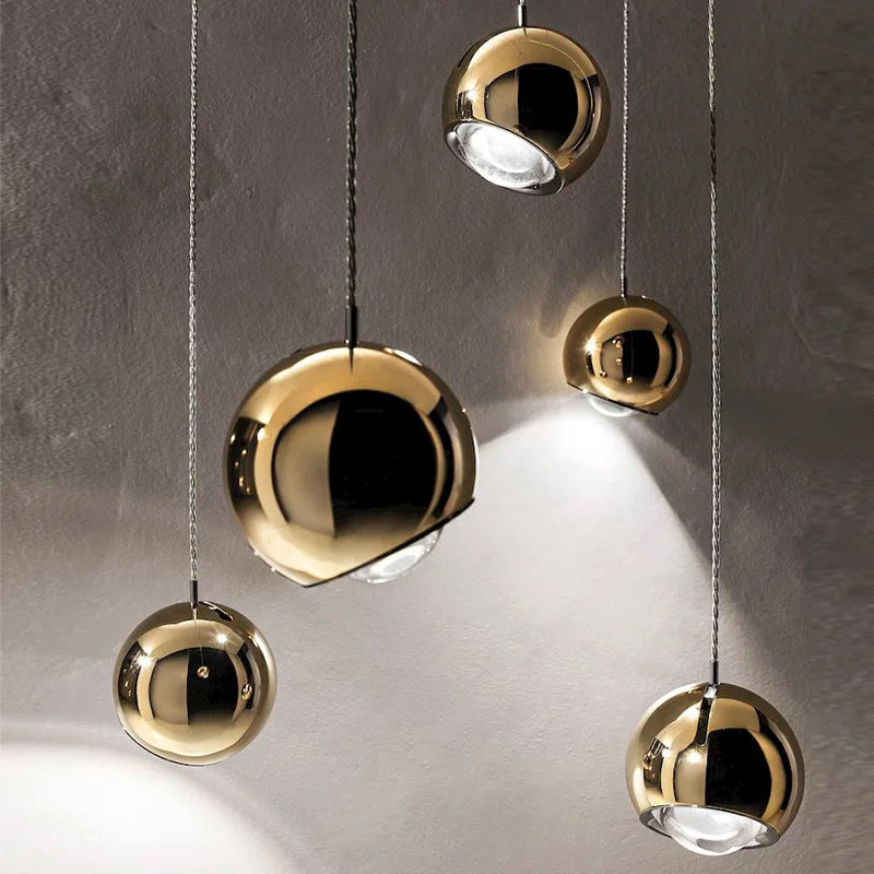 Rotating gold chrome LED pendant light ideal for bar, restaurant or café