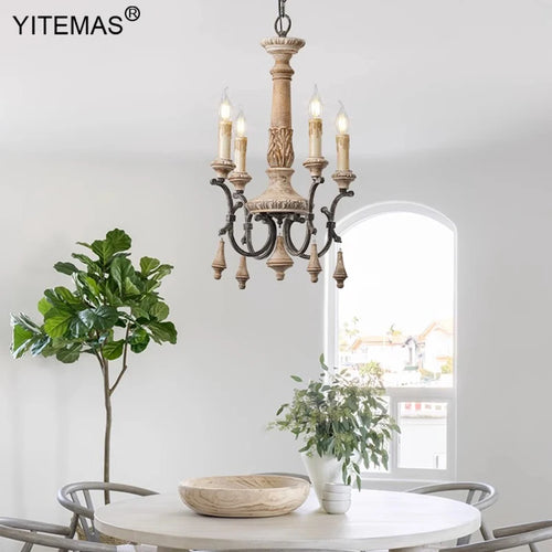 Retro wooden chandelier 4 lights for entryway, bedroom or dining room, 6 lights vintage French chandelier for living room or foyer - vue 6 sur 8