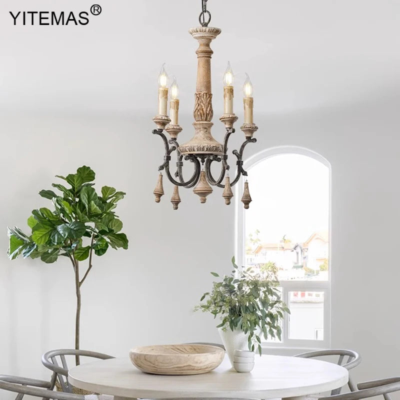 Retro wooden chandelier 4 lights for entryway, bedroom or dining room, 6 lights vintage French chandelier for living room or foyer - vue 5 sur 8