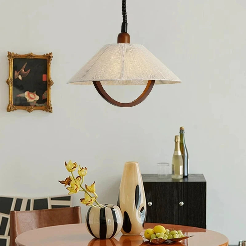 Adjustable hemp rope and wood pendant light