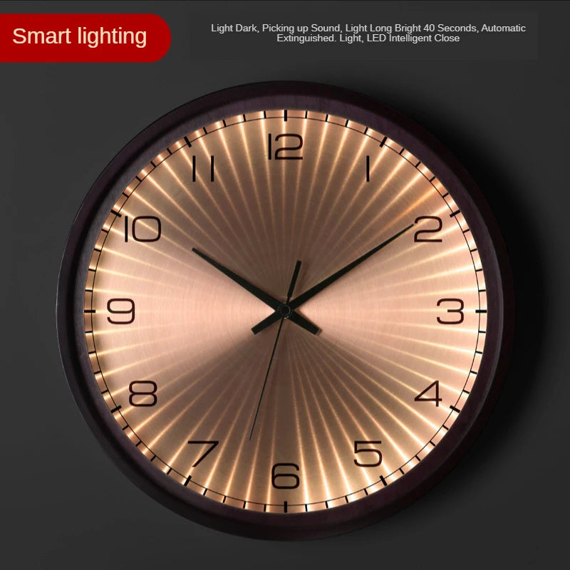 modern design wall clock in golden wood silent and creative - vue 9 sur 19