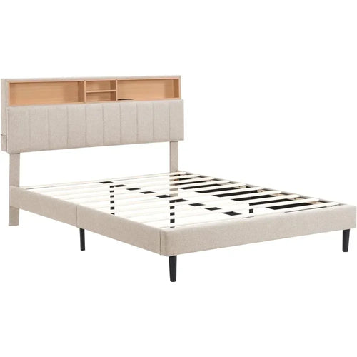Bed frame bedroom furniture: headboard with storage and USB ports, full, gray modern upholstered platform bed - vue 7 sur 8