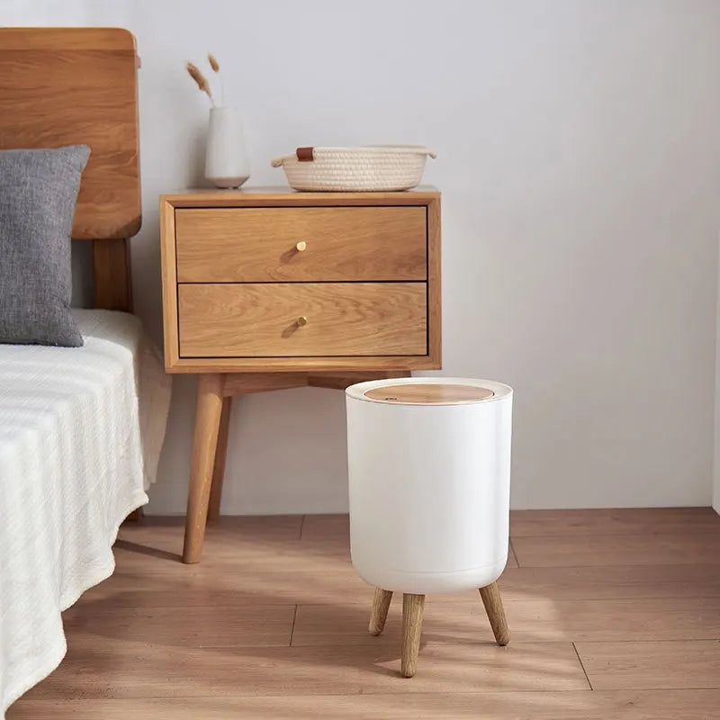 high foot wooden trash can with creative lid for waste - vue 3 sur 11