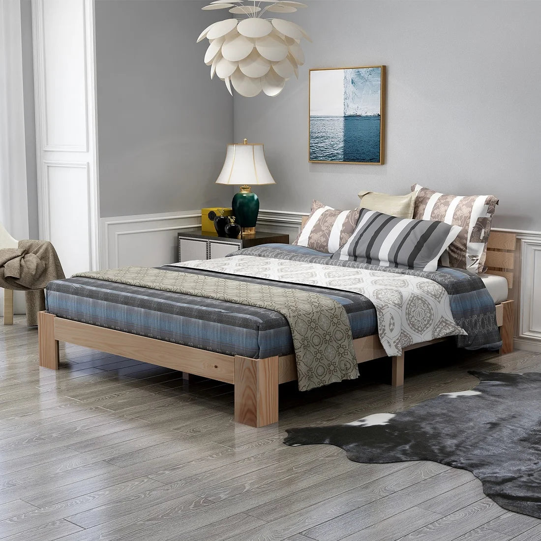 EU STOCK Wooden bed Double bed, headboard, slatted grid -200 x 140cm solid wood FSC Solid wood double bed - vue 5 sur 8