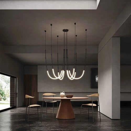 Minimalist stainless steel linear LED chandelier - vue 3 sur 16