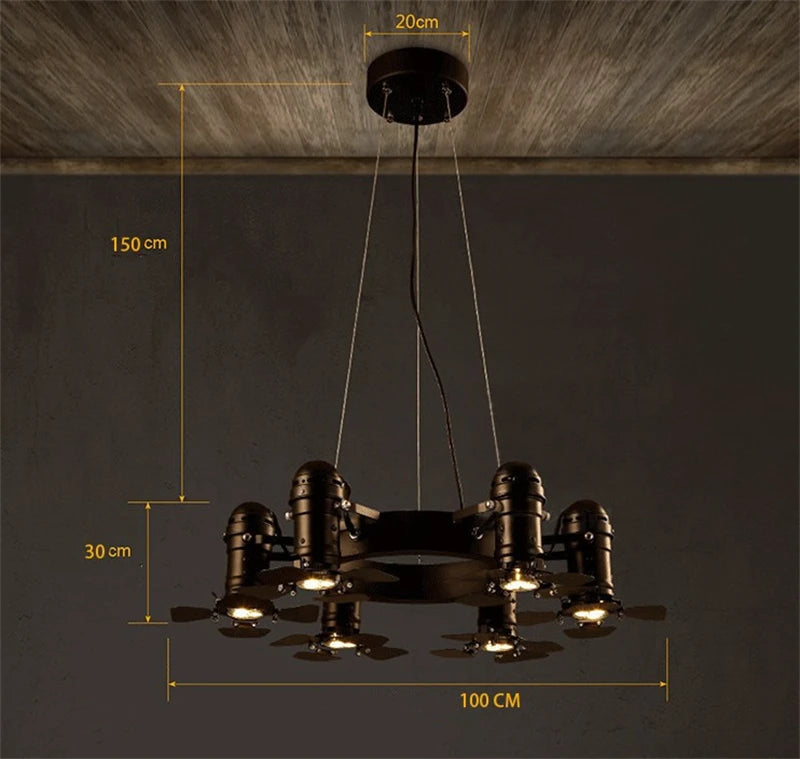 Vintage industrial chandelier with 6 heads for commercial spaces