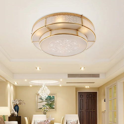 Vintage round metal ceiling light with copper glass shade - vue 6 sur 6