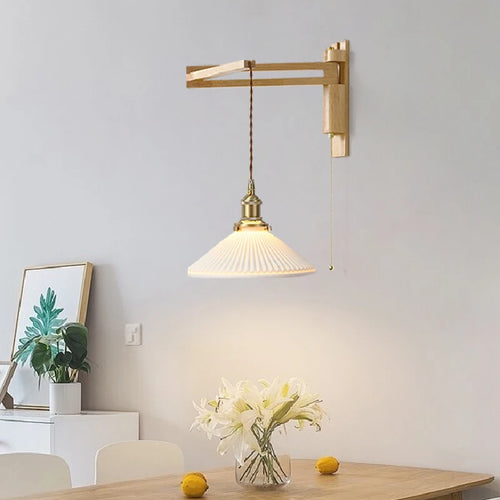 Glass, wood and ceramic wall light with foldable swivel arm - vue 4 sur 14