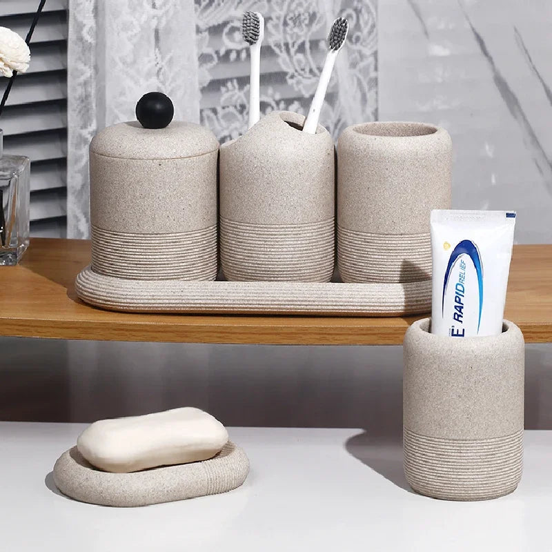 modern bathroom accessory set made of sand and gravel