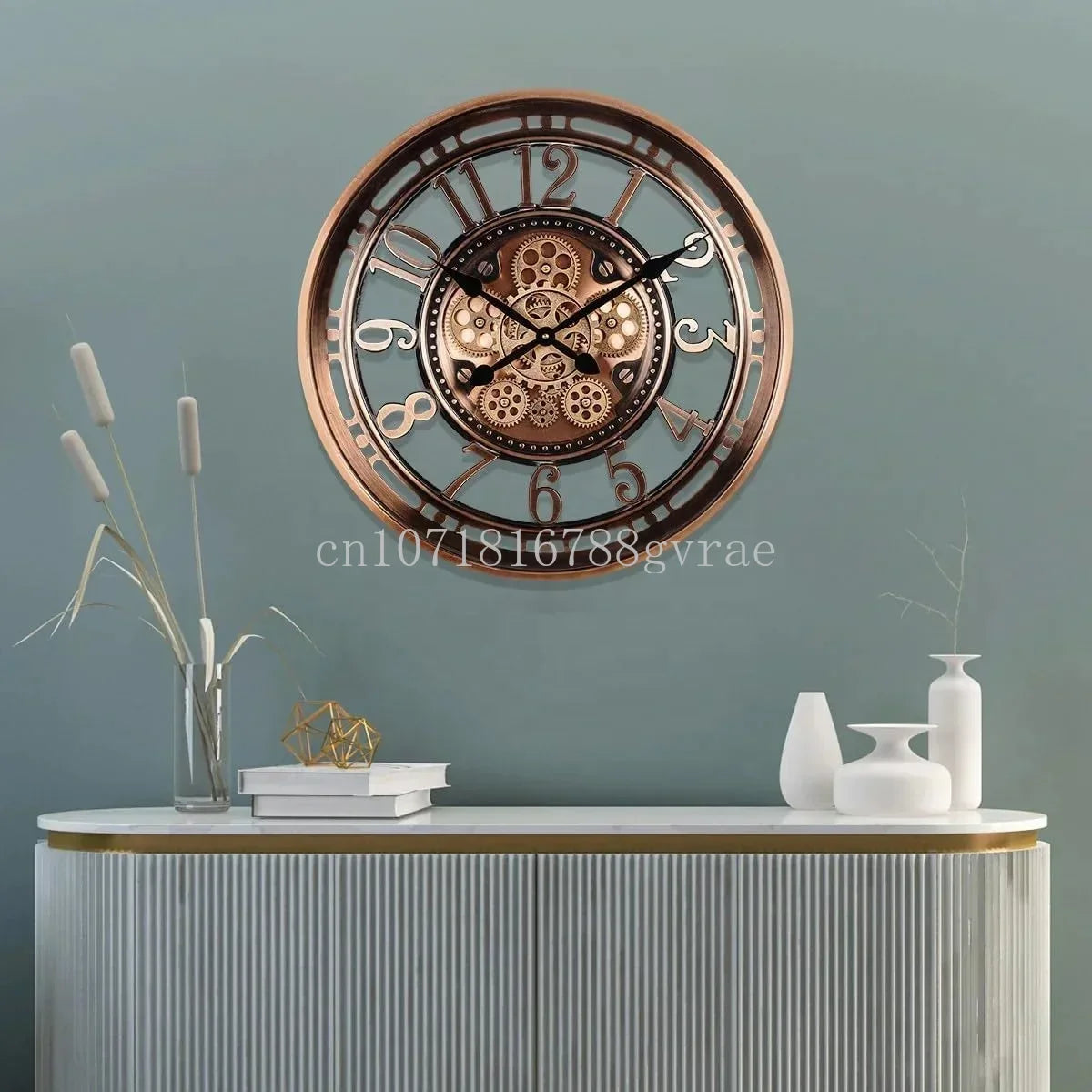 industrial metal wall clock with decorative moving gears - vue 4 sur 14