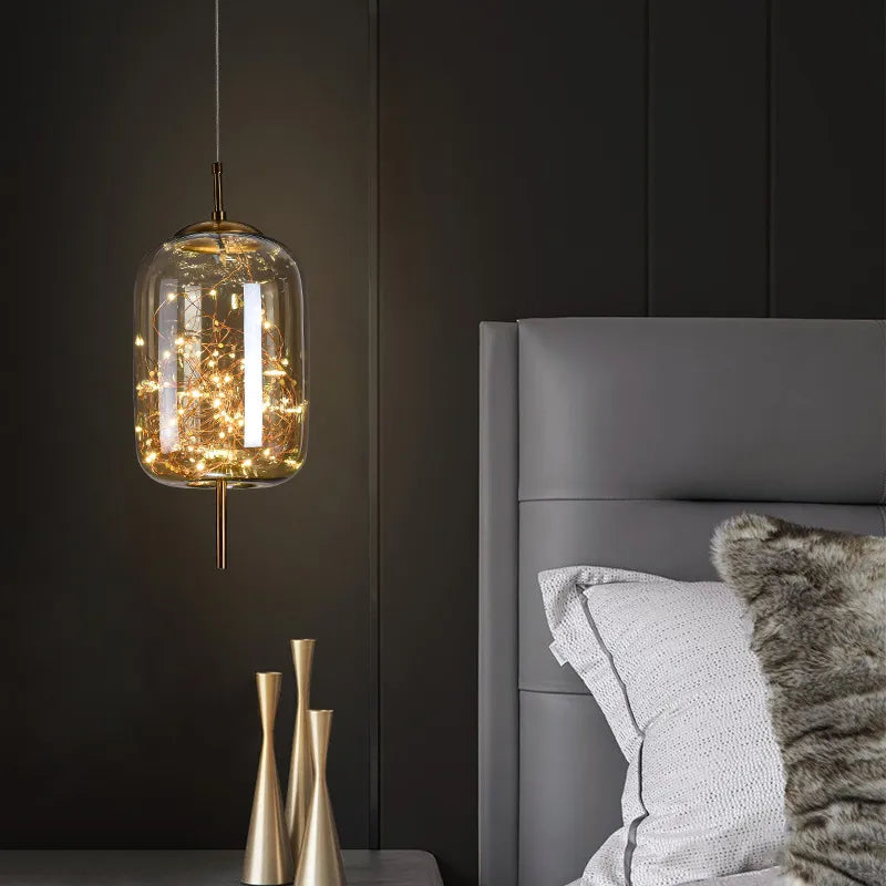 Nordic red mesh bedside pendant light for girls - vue 4 sur 12