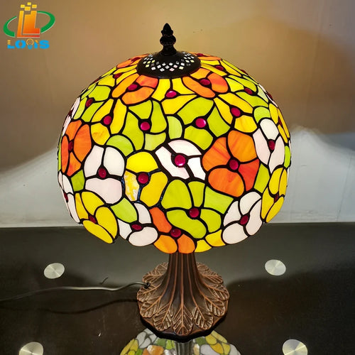 Tiffany style table lamp with decorative coloured glass flower - vue 3 sur 6